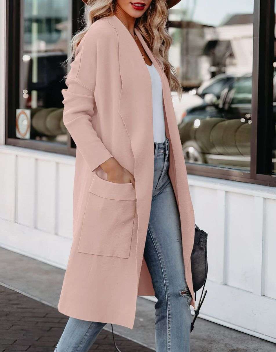 Women's Casual Long Sleeve Draped Open Front Knit Pockets Long Cardigan Jackets Sweater