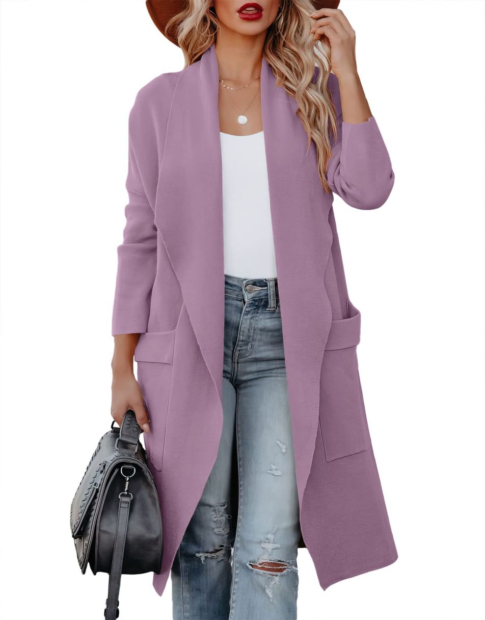 Women's Casual Long Sleeve Draped Open Front Knit Pockets Long Cardigan Jackets Sweater