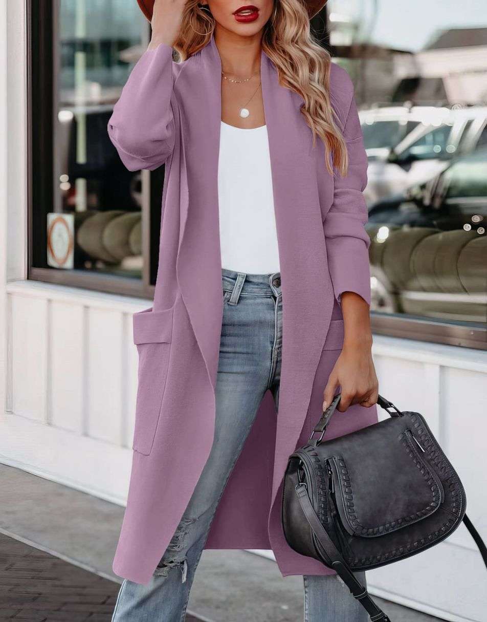 Women's Casual Long Sleeve Draped Open Front Knit Pockets Long Cardigan Jackets Sweater