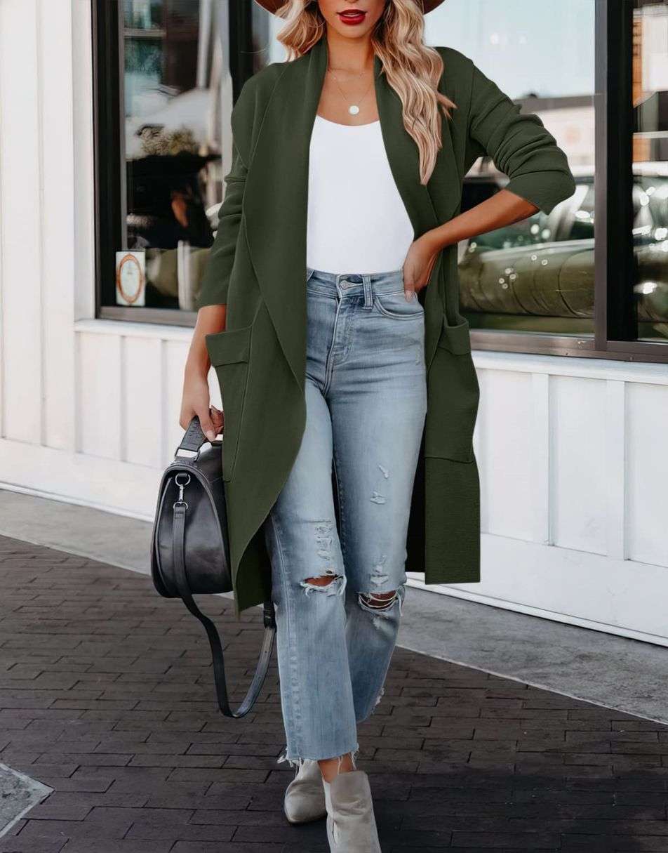 Women's Casual Long Sleeve Draped Open Front Knit Pockets Long Cardigan Jackets Sweater