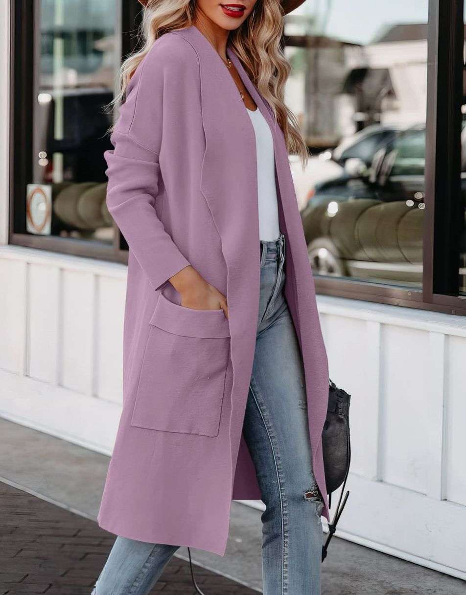 Women's Casual Long Sleeve Draped Open Front Knit Pockets Long Cardigan Jackets Sweater