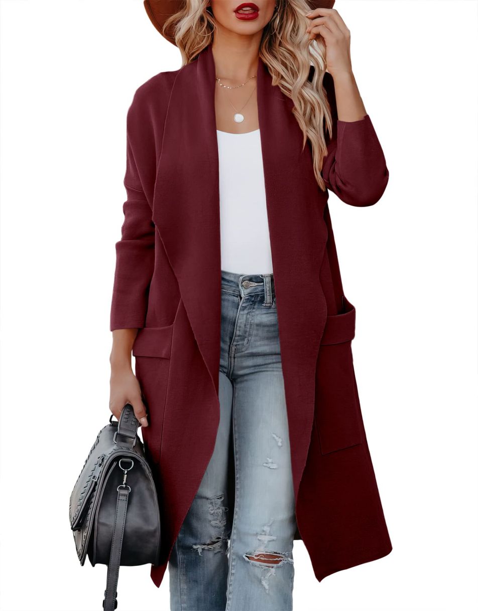 Women's Casual Long Sleeve Draped Open Front Knit Pockets Long Cardigan Jackets Sweater