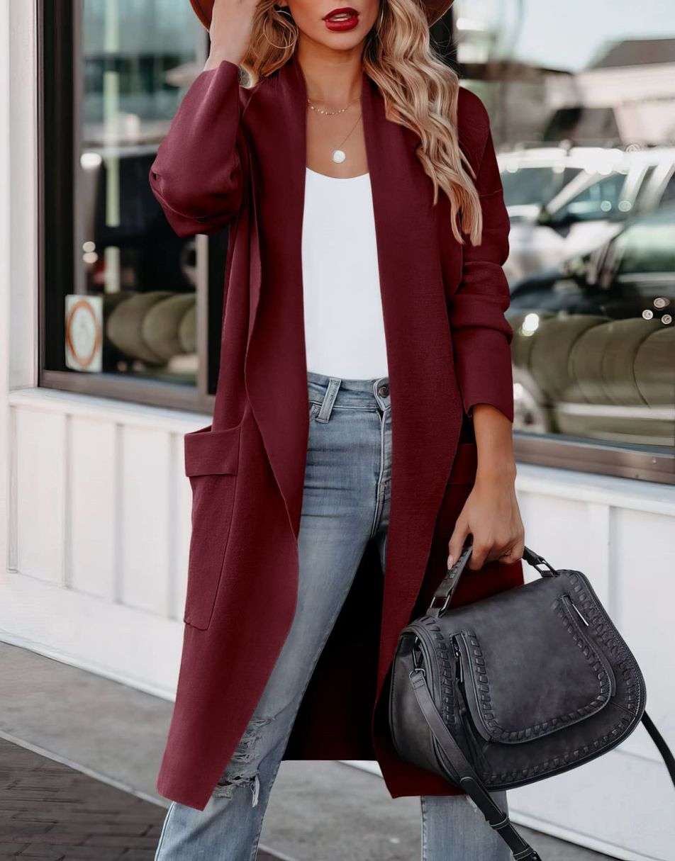Women's Casual Long Sleeve Draped Open Front Knit Pockets Long Cardigan Jackets Sweater