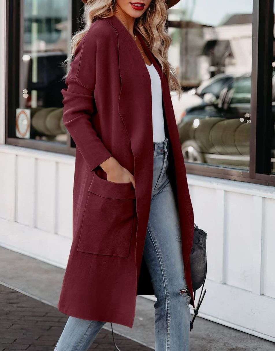Women's Casual Long Sleeve Draped Open Front Knit Pockets Long Cardigan Jackets Sweater