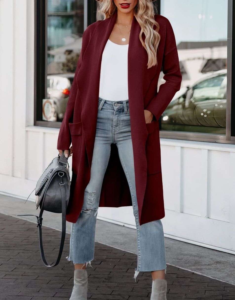 Women's Casual Long Sleeve Draped Open Front Knit Pockets Long Cardigan Jackets Sweater
