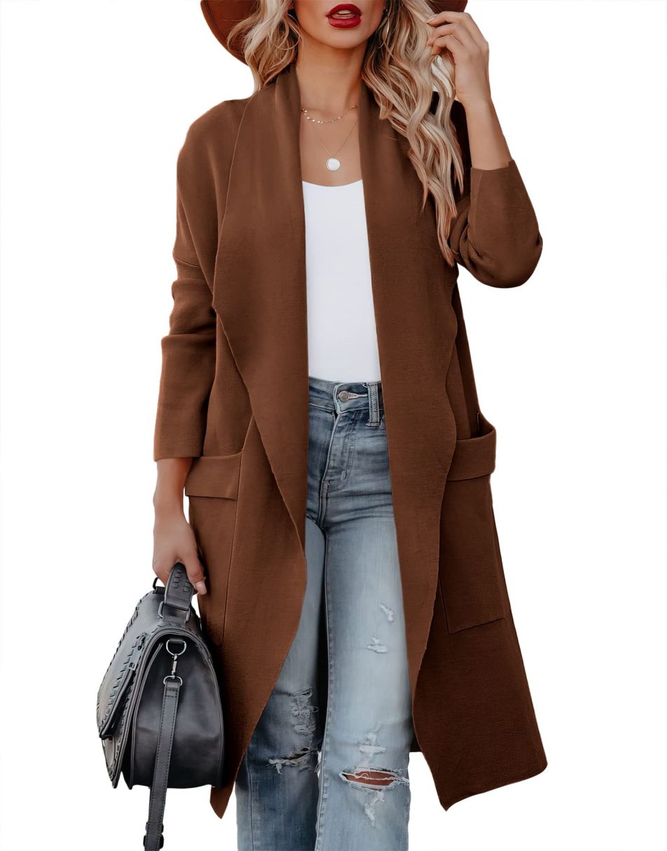 Women's Casual Long Sleeve Draped Open Front Knit Pockets Long Cardigan Jackets Sweater