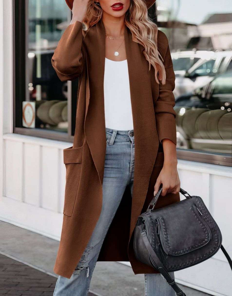 Women's Casual Long Sleeve Draped Open Front Knit Pockets Long Cardigan Jackets Sweater
