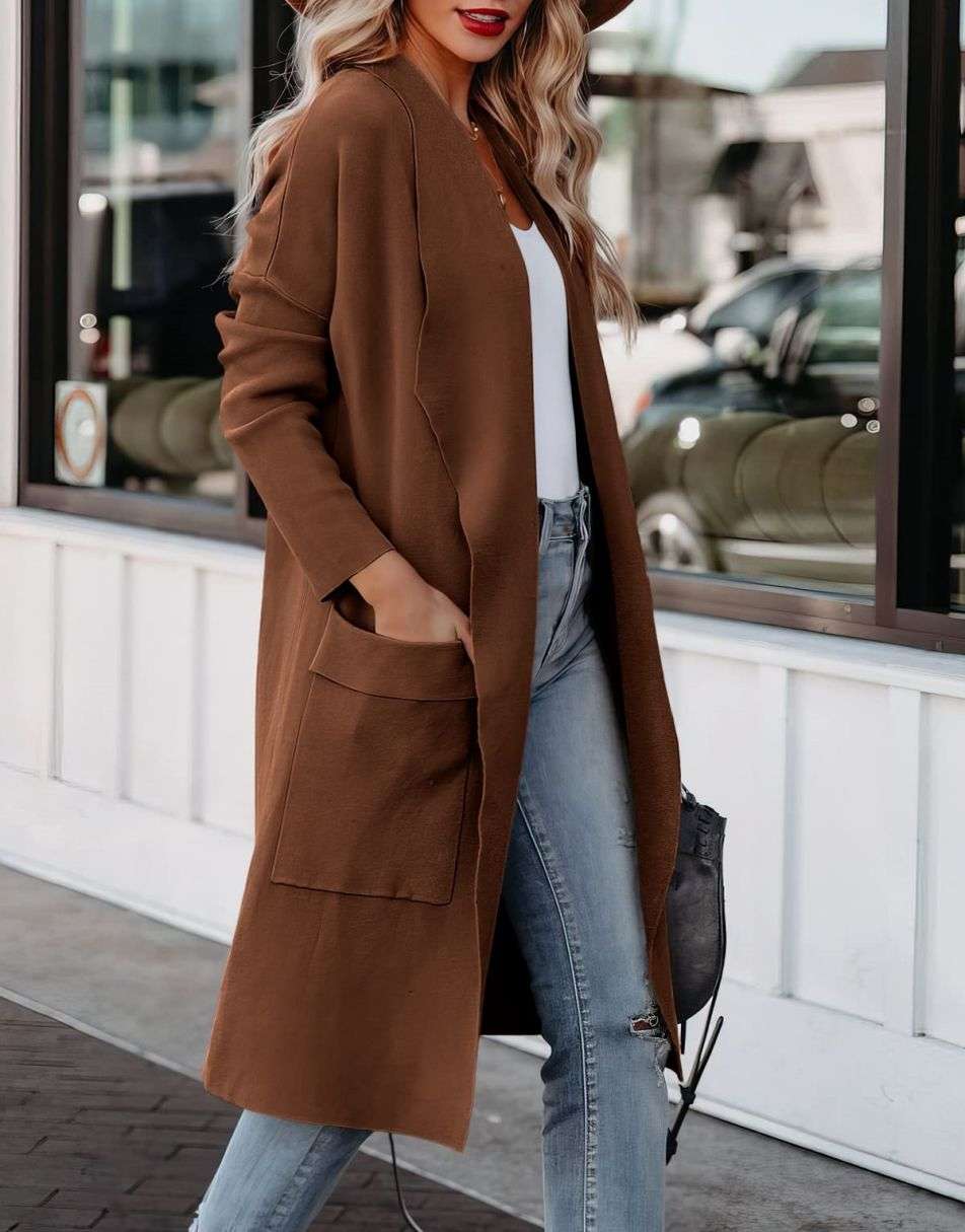 Women's Casual Long Sleeve Draped Open Front Knit Pockets Long Cardigan Jackets Sweater