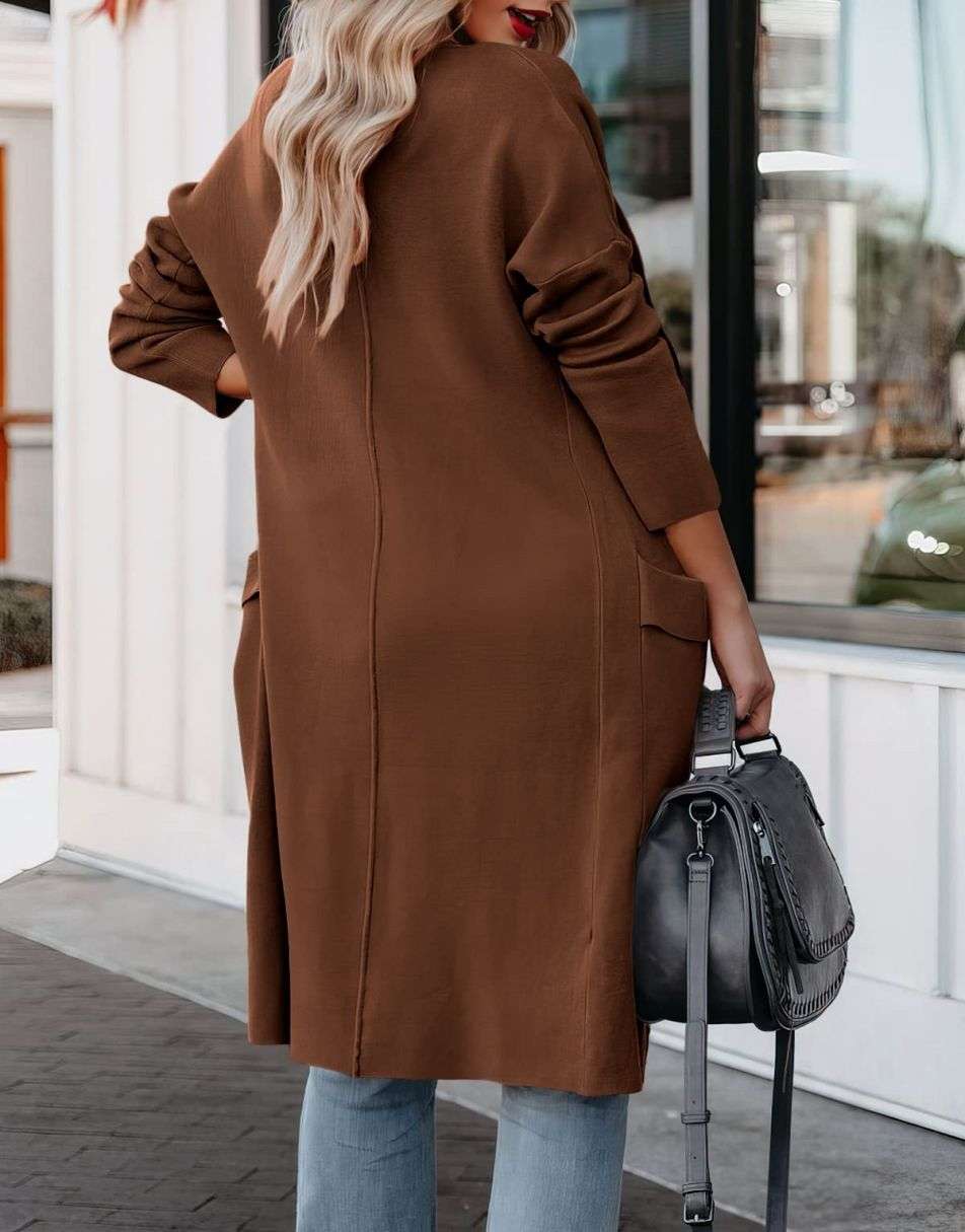 Women's Casual Long Sleeve Draped Open Front Knit Pockets Long Cardigan Jackets Sweater