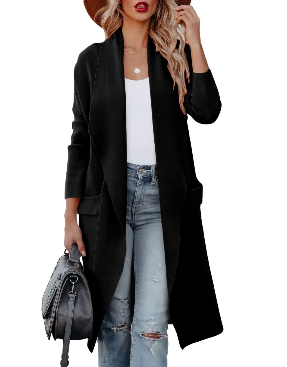 Women's Casual Long Sleeve Draped Open Front Knit Pockets Long Cardigan Jackets Sweater
