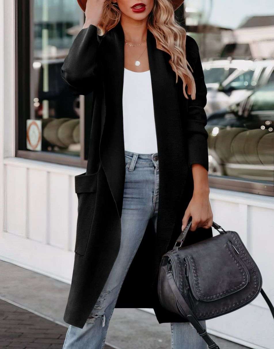 Women's Casual Long Sleeve Draped Open Front Knit Pockets Long Cardigan Jackets Sweater
