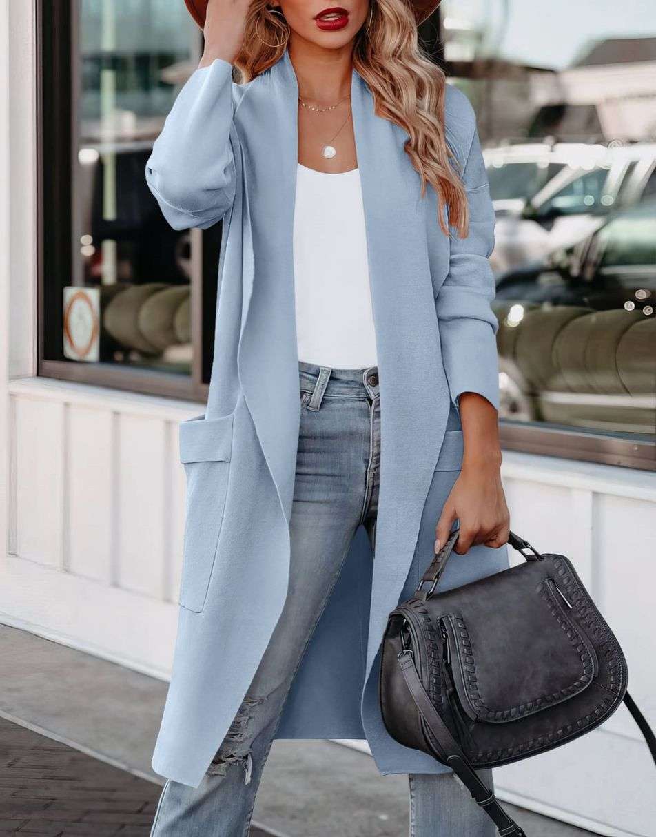 Women's Casual Long Sleeve Draped Open Front Knit Pockets Long Cardigan Jackets Sweater