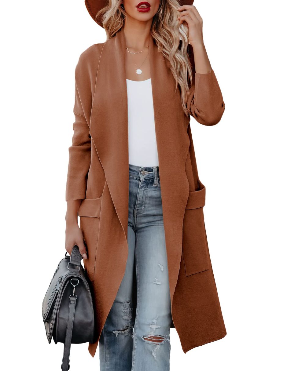 Women's Casual Long Sleeve Draped Open Front Knit Pockets Long Cardigan Jackets Sweater