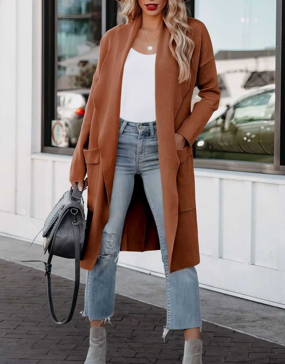 Women's Casual Long Sleeve Draped Open Front Knit Pockets Long Cardigan Jackets Sweater