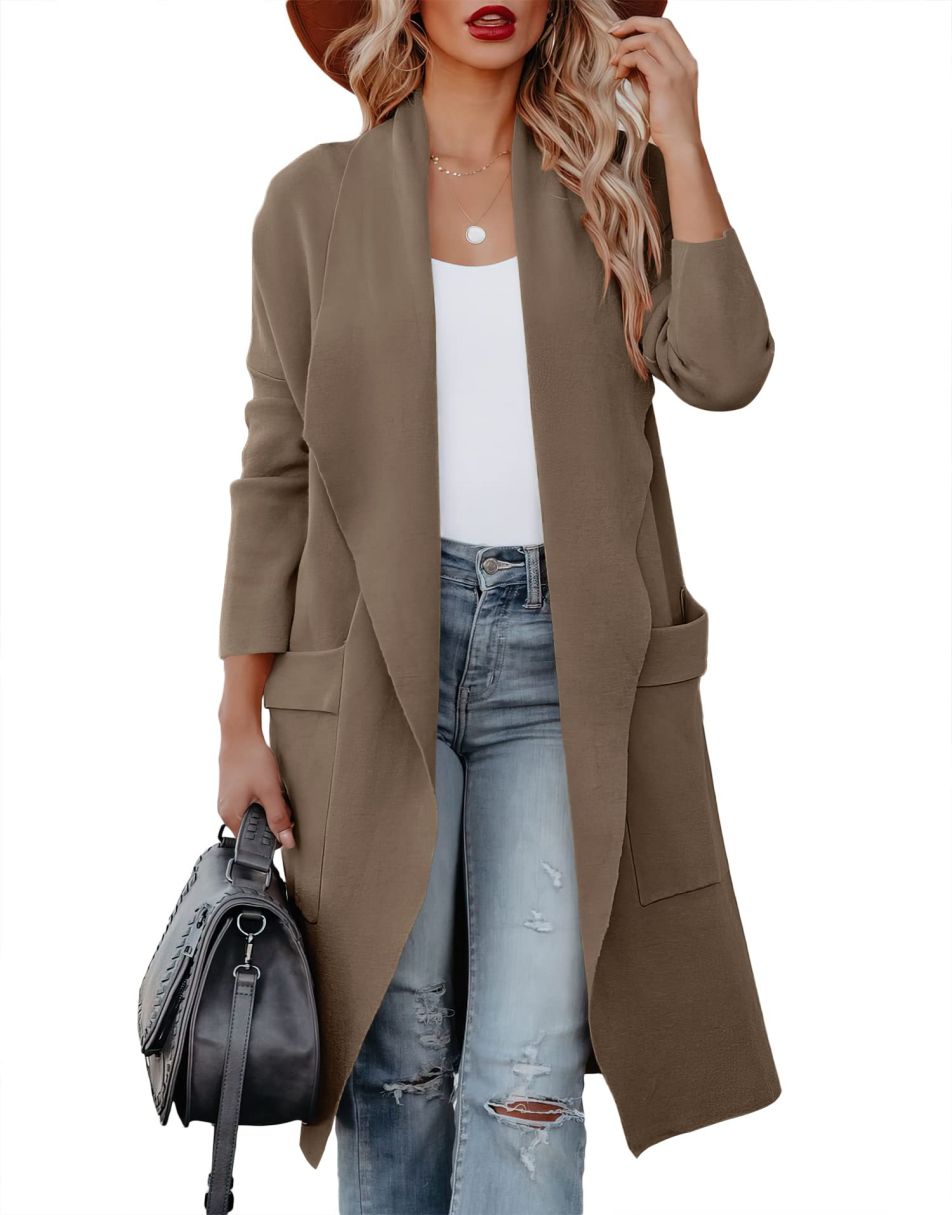 Women's Casual Long Sleeve Draped Open Front Knit Pockets Long Cardigan Jackets Sweater