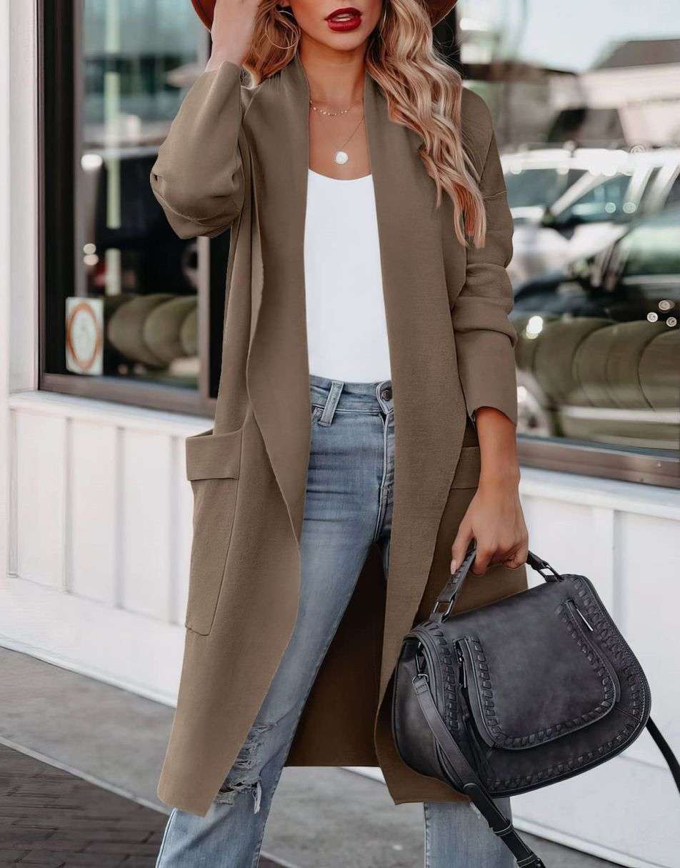 Women's Casual Long Sleeve Draped Open Front Knit Pockets Long Cardigan Jackets Sweater