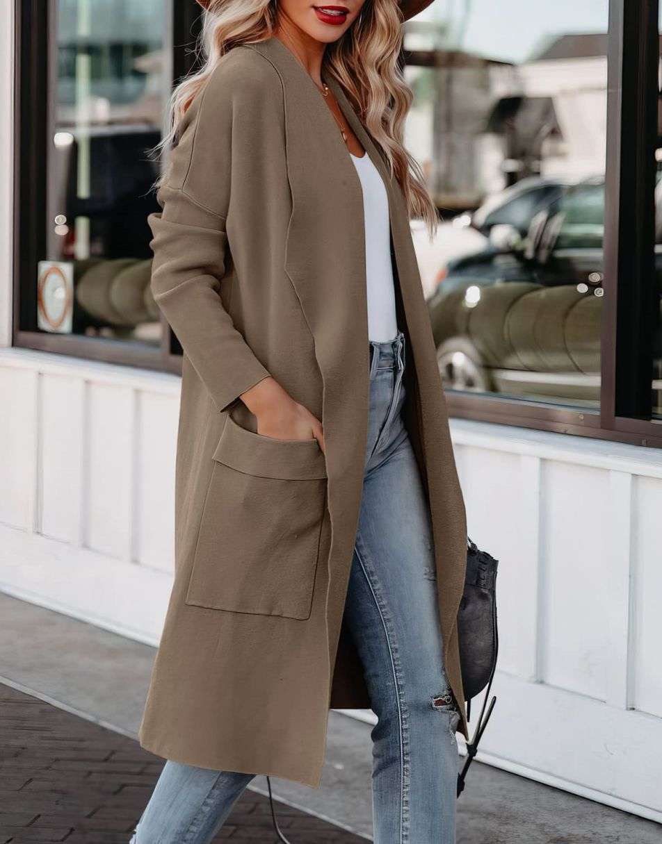 Women's Casual Long Sleeve Draped Open Front Knit Pockets Long Cardigan Jackets Sweater