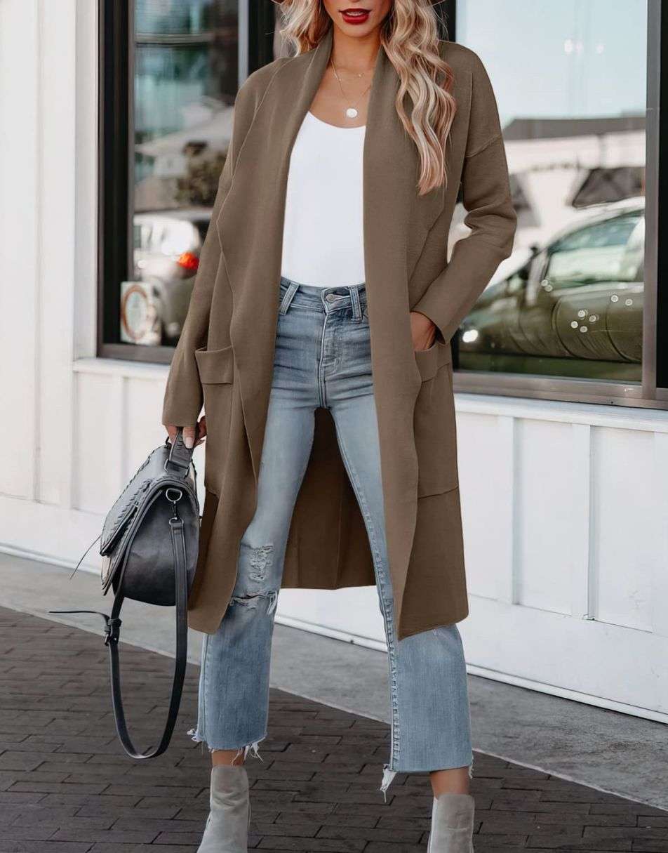 Women's Casual Long Sleeve Draped Open Front Knit Pockets Long Cardigan Jackets Sweater