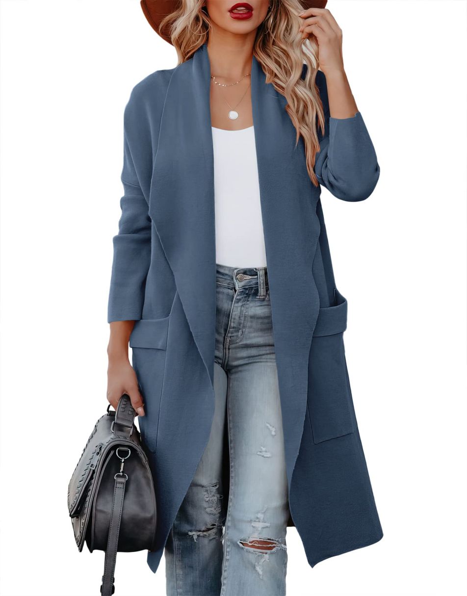 Women's Casual Long Sleeve Draped Open Front Knit Pockets Long Cardigan Jackets Sweater