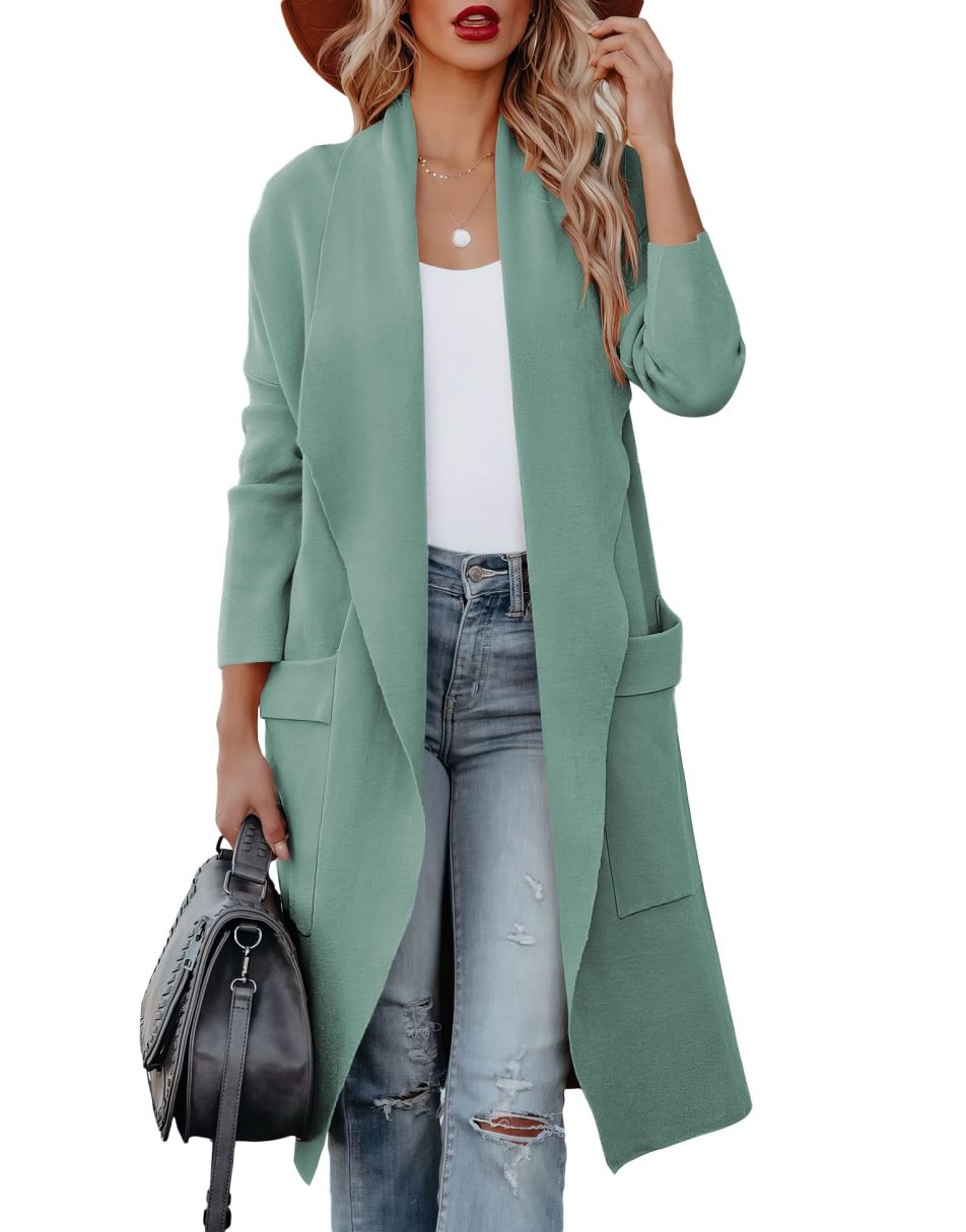 Women's Casual Long Sleeve Draped Open Front Knit Pockets Long Cardigan Jackets Sweater