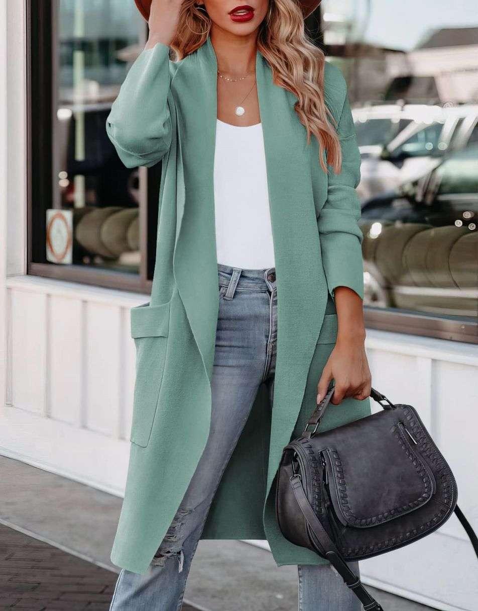 Women's Casual Long Sleeve Draped Open Front Knit Pockets Long Cardigan Jackets Sweater
