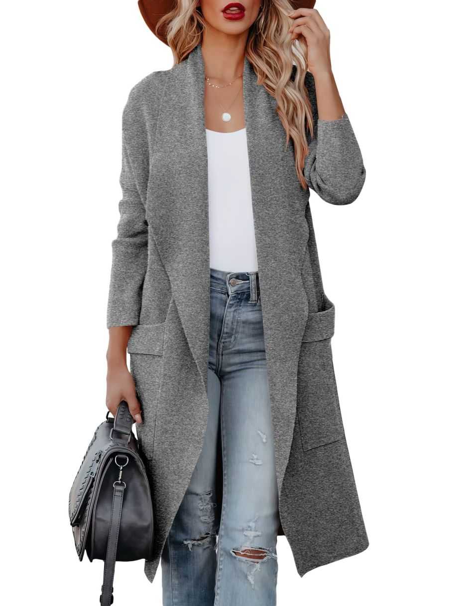 Women's Casual Long Sleeve Draped Open Front Knit Pockets Long Cardigan Jackets Sweater