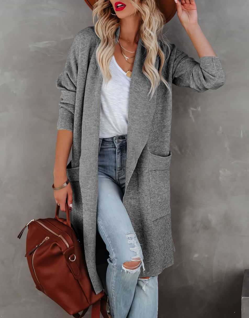 Women's Casual Long Sleeve Draped Open Front Knit Pockets Long Cardigan Jackets Sweater