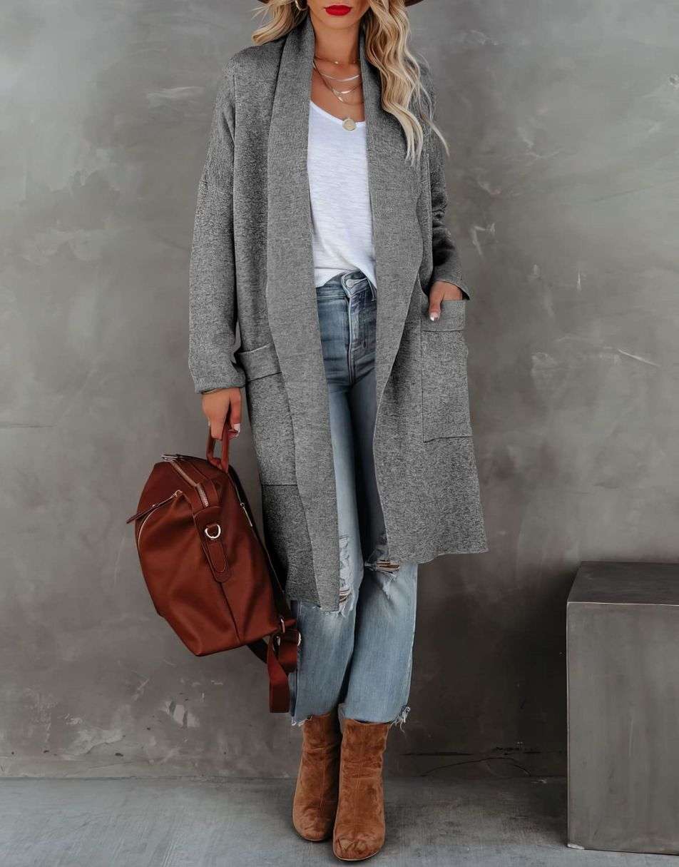 Women's Casual Long Sleeve Draped Open Front Knit Pockets Long Cardigan Jackets Sweater