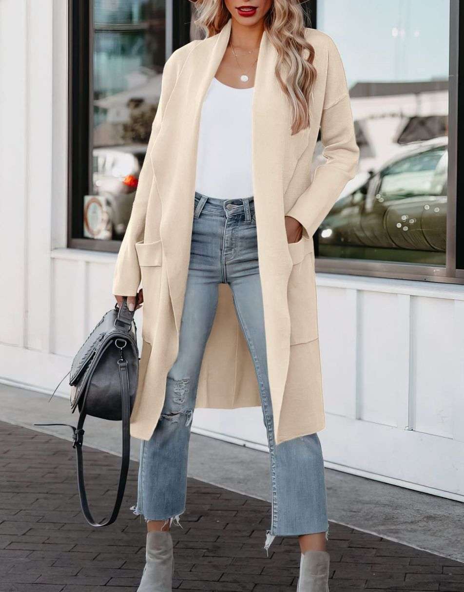 Women's Casual Long Sleeve Draped Open Front Knit Pockets Long Cardigan Jackets Sweater