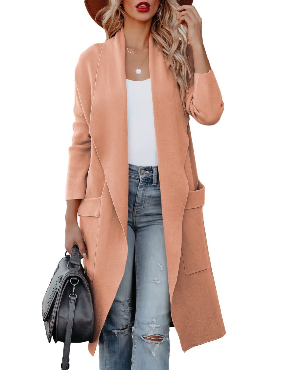 Women's Casual Long Sleeve Draped Open Front Knit Pockets Long Cardigan Jackets Sweater