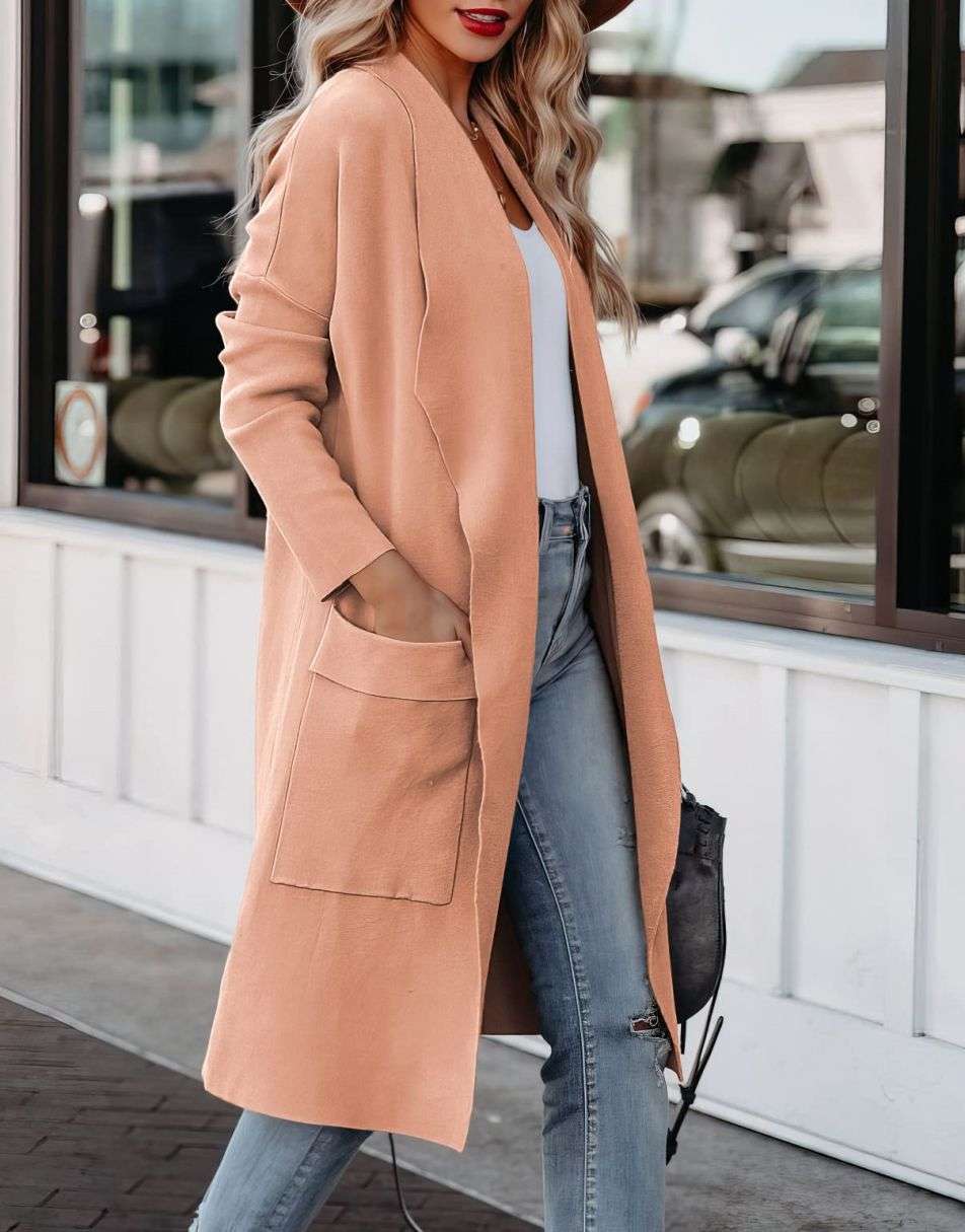 Women's Casual Long Sleeve Draped Open Front Knit Pockets Long Cardigan Jackets Sweater