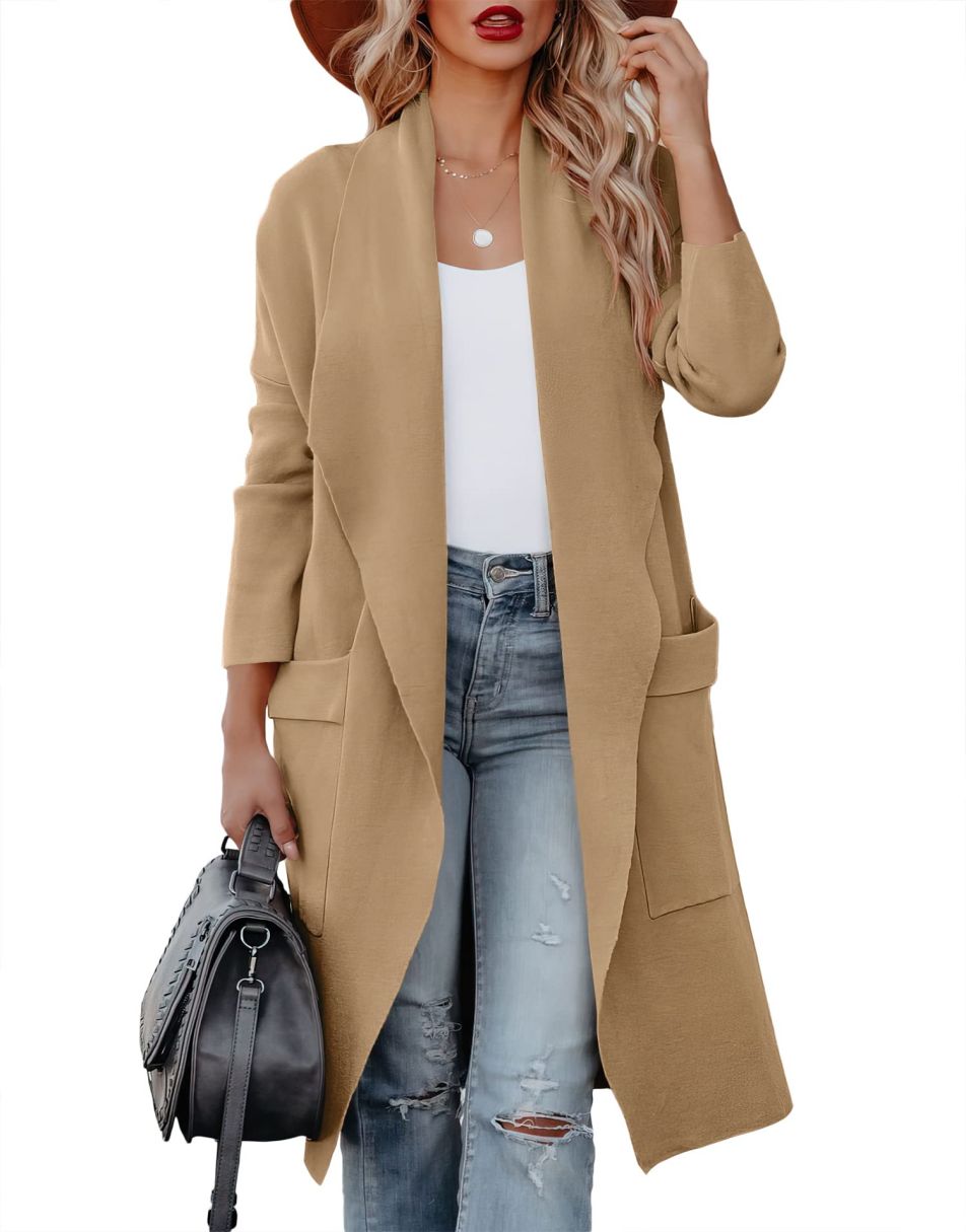 Women's Casual Long Sleeve Draped Open Front Knit Pockets Long Cardigan Jackets Sweater