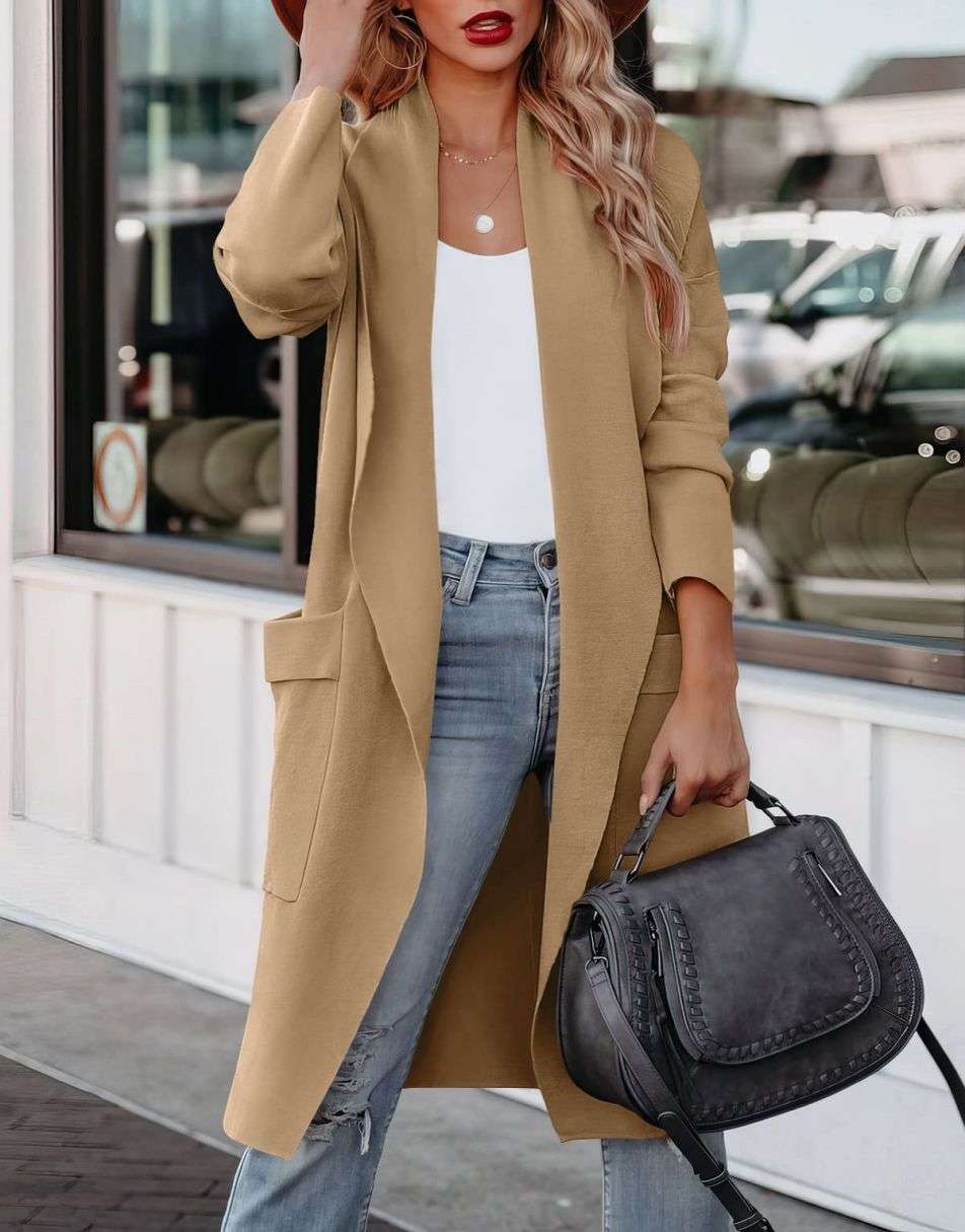 Women's Casual Long Sleeve Draped Open Front Knit Pockets Long Cardigan Jackets Sweater