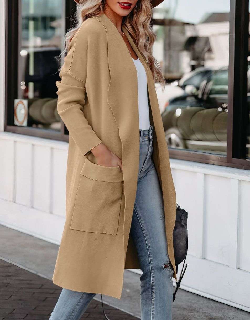Women's Casual Long Sleeve Draped Open Front Knit Pockets Long Cardigan Jackets Sweater