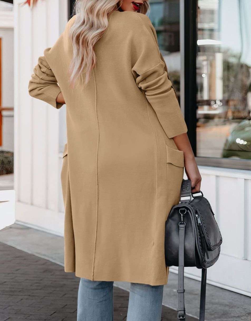 Women's Casual Long Sleeve Draped Open Front Knit Pockets Long Cardigan Jackets Sweater