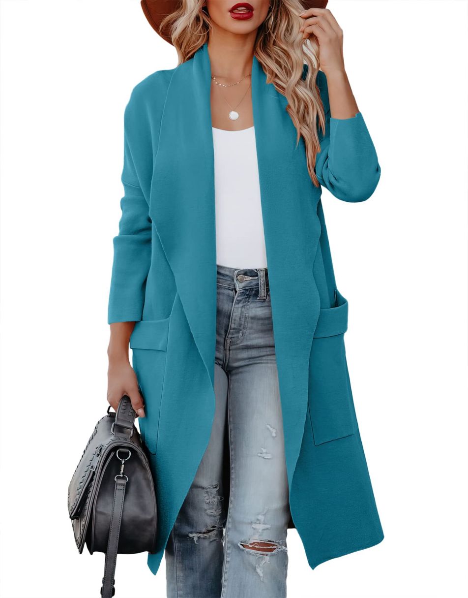 Women's Casual Long Sleeve Draped Open Front Knit Pockets Long Cardigan Jackets Sweater