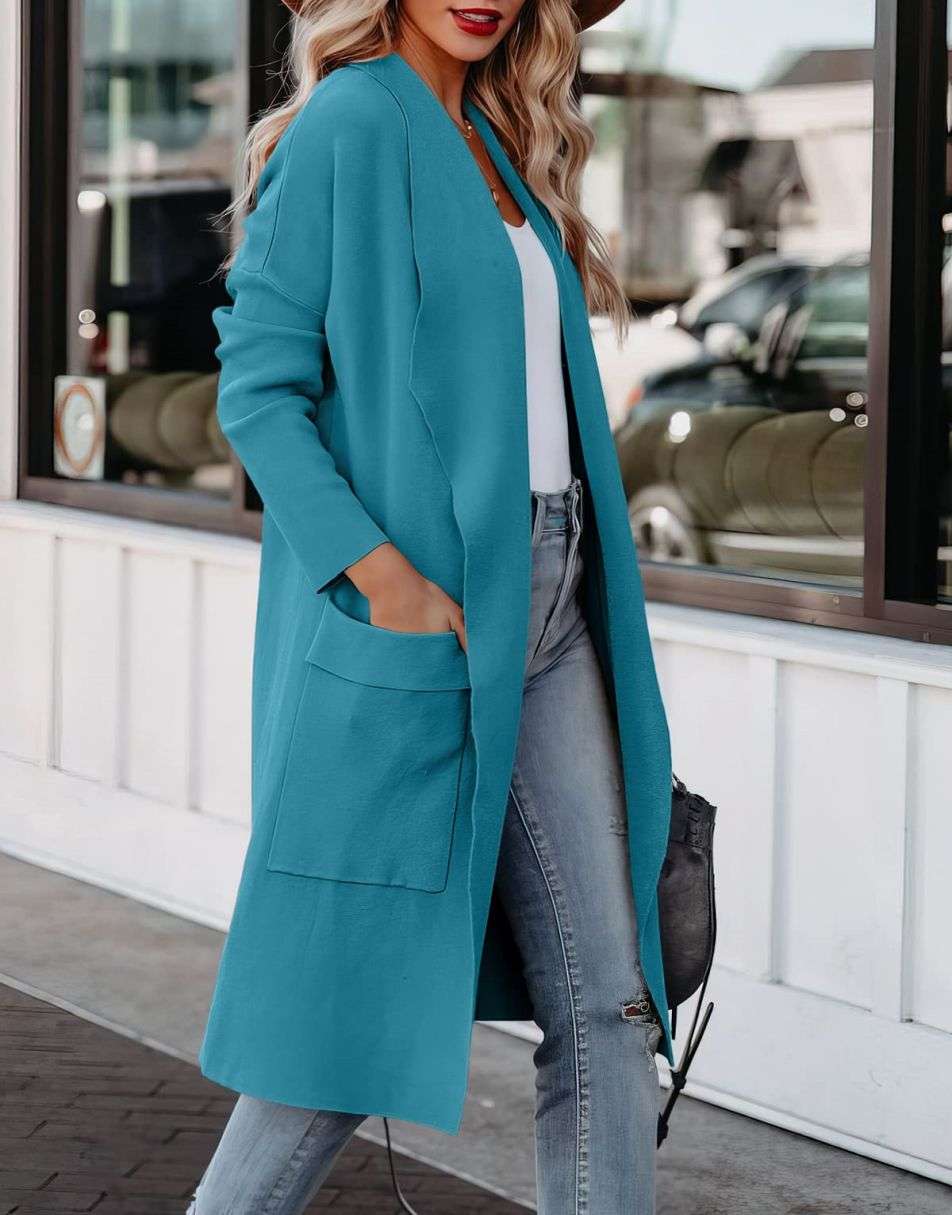Women's Casual Long Sleeve Draped Open Front Knit Pockets Long Cardigan Jackets Sweater