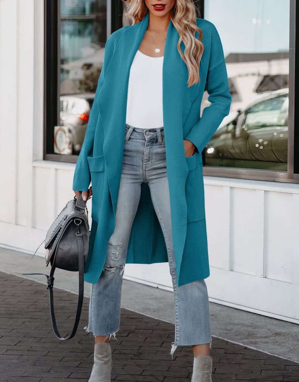 Women's Casual Long Sleeve Draped Open Front Knit Pockets Long Cardigan Jackets Sweater