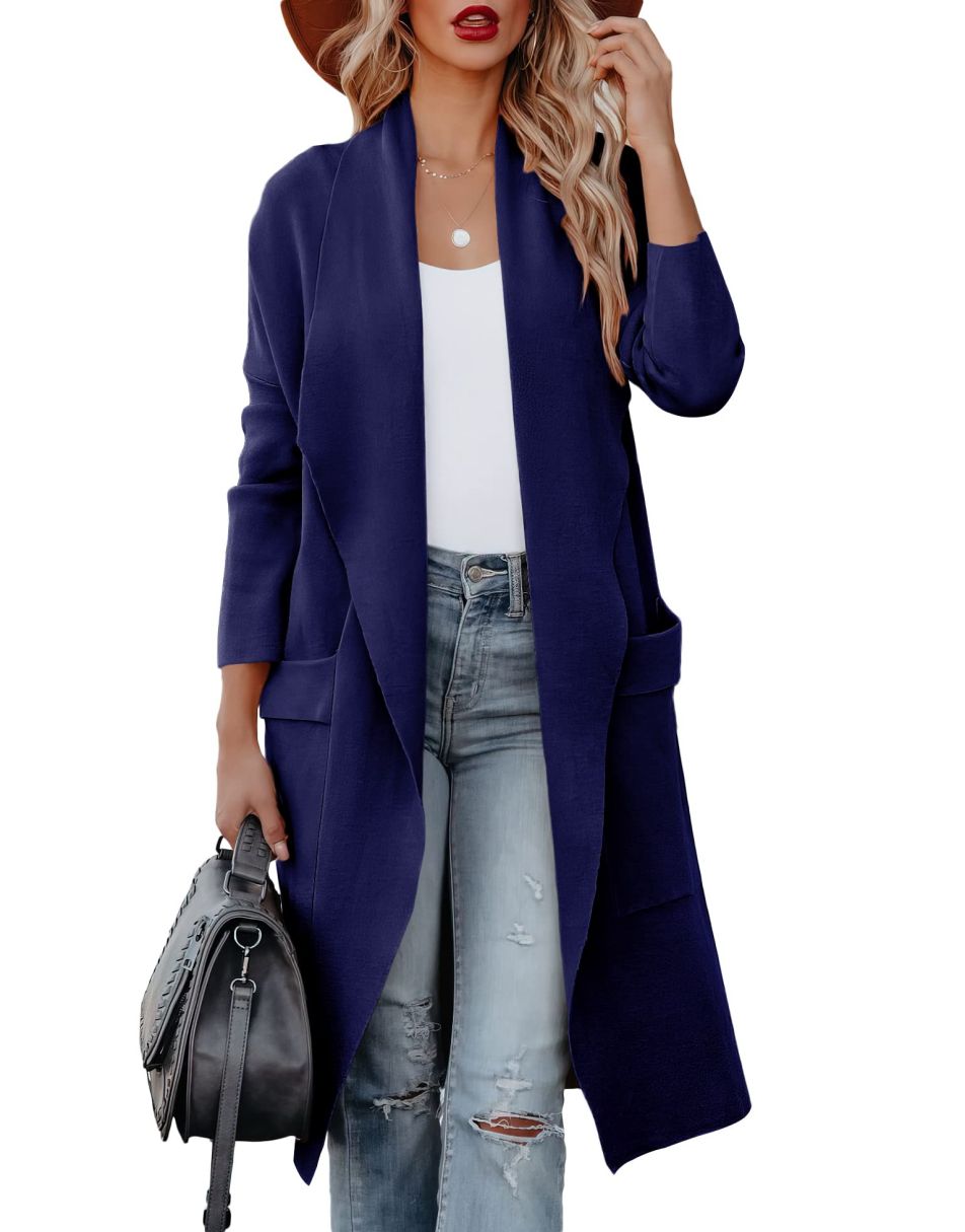 Women's Casual Long Sleeve Draped Open Front Knit Pockets Long Cardigan Jackets Sweater