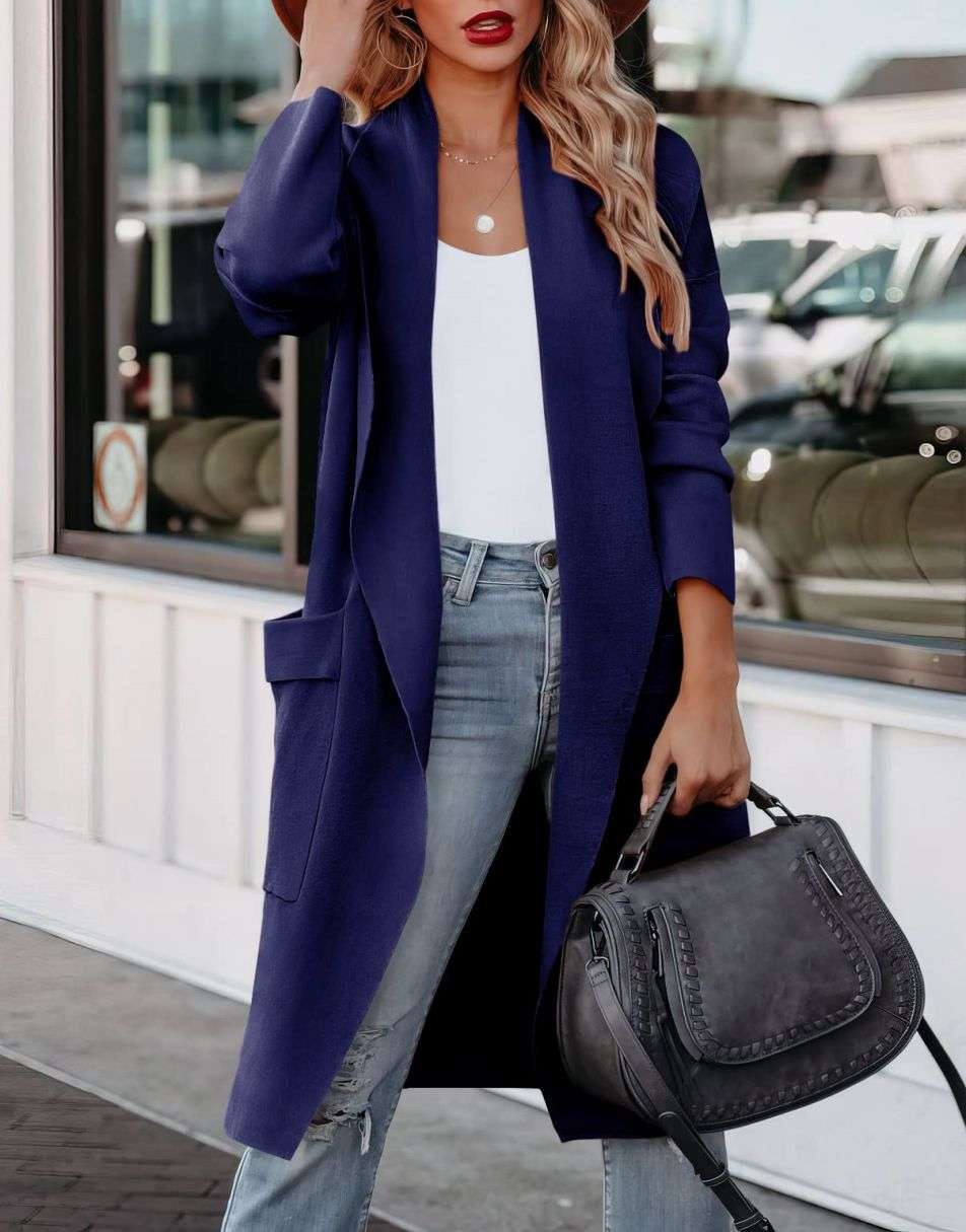 Women's Casual Long Sleeve Draped Open Front Knit Pockets Long Cardigan Jackets Sweater