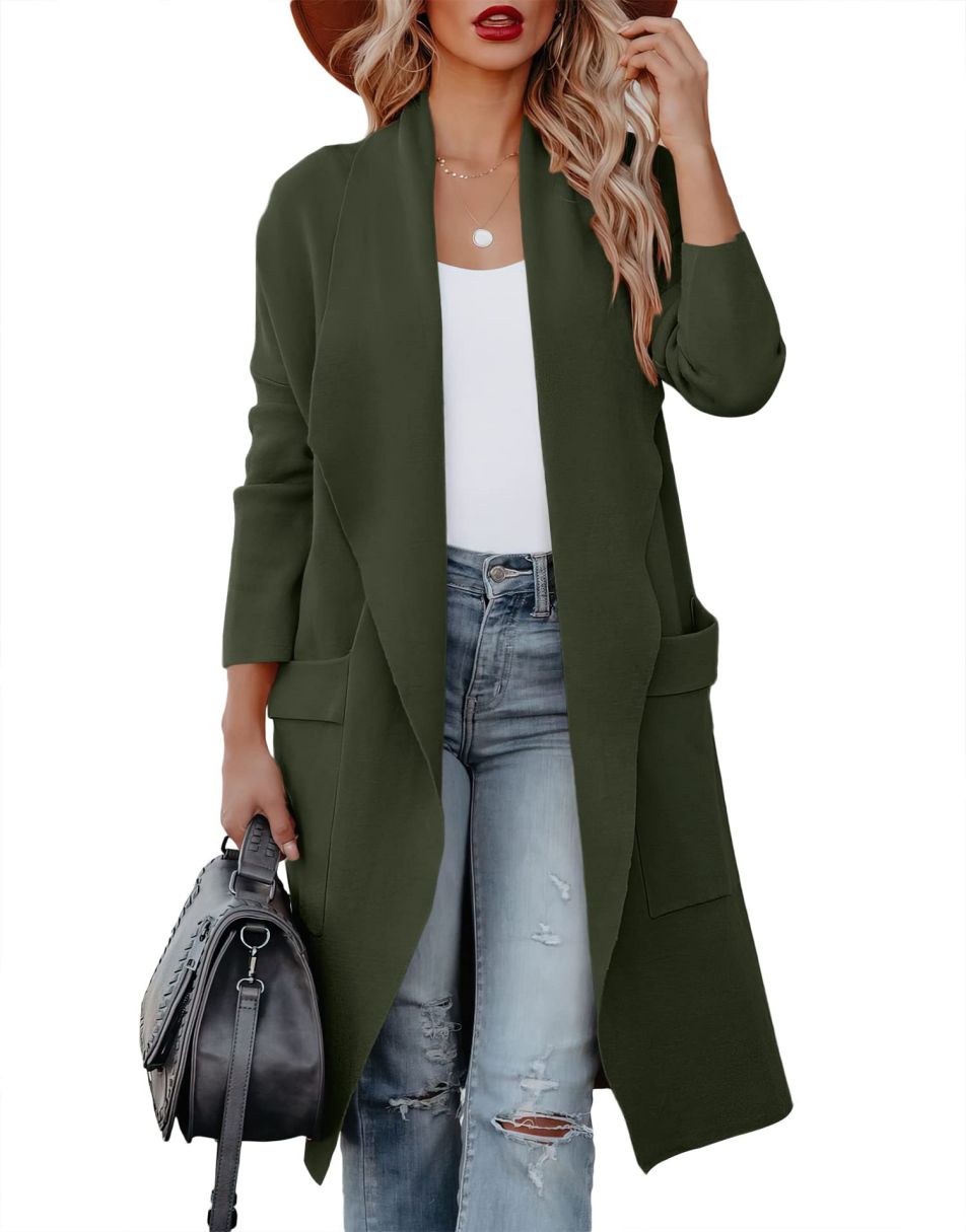 Women's Casual Long Sleeve Draped Open Front Knit Pockets Long Cardigan Jackets Sweater