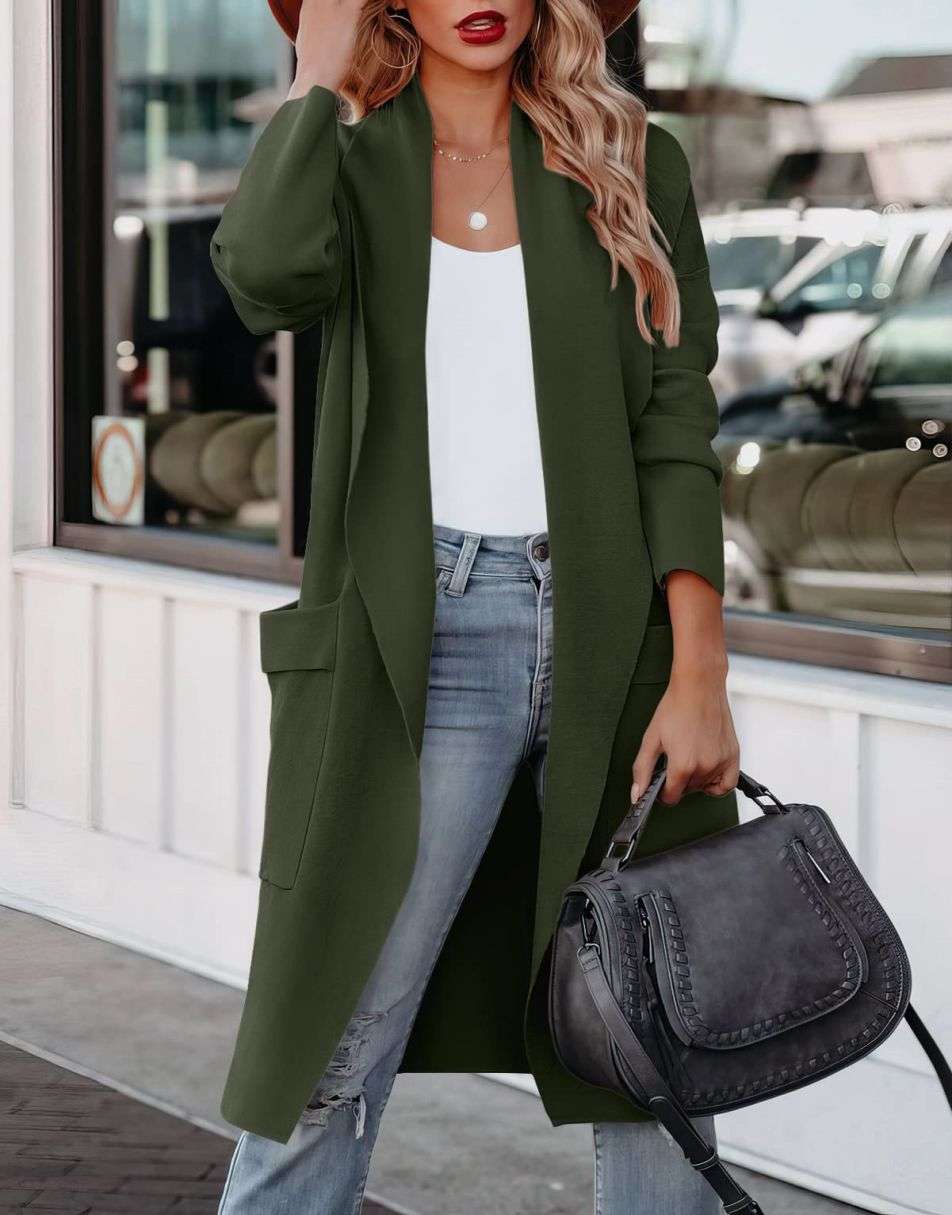 Women's Casual Long Sleeve Draped Open Front Knit Pockets Long Cardigan Jackets Sweater