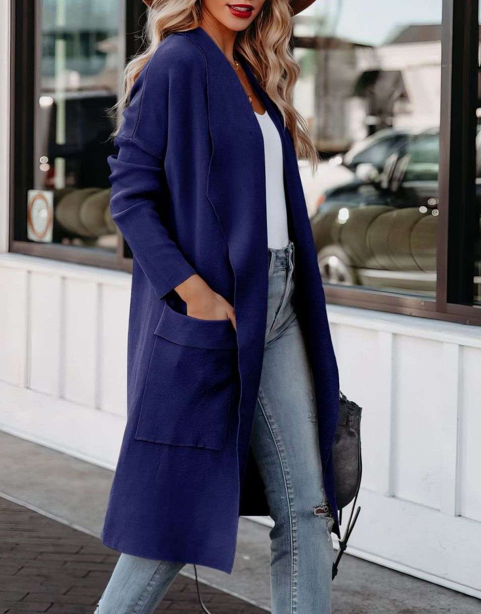 Women's Casual Long Sleeve Draped Open Front Knit Pockets Long Cardigan Jackets Sweater