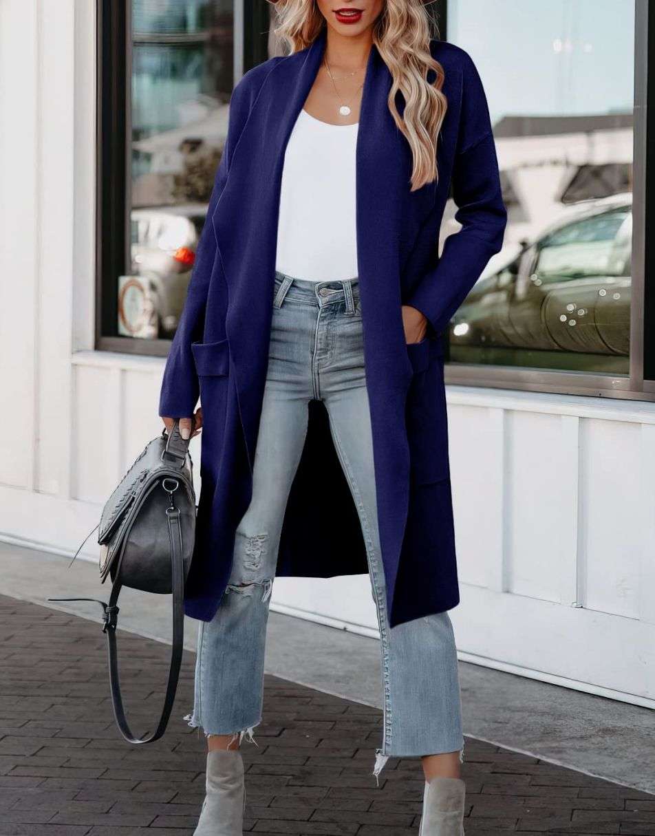 Women's Casual Long Sleeve Draped Open Front Knit Pockets Long Cardigan Jackets Sweater