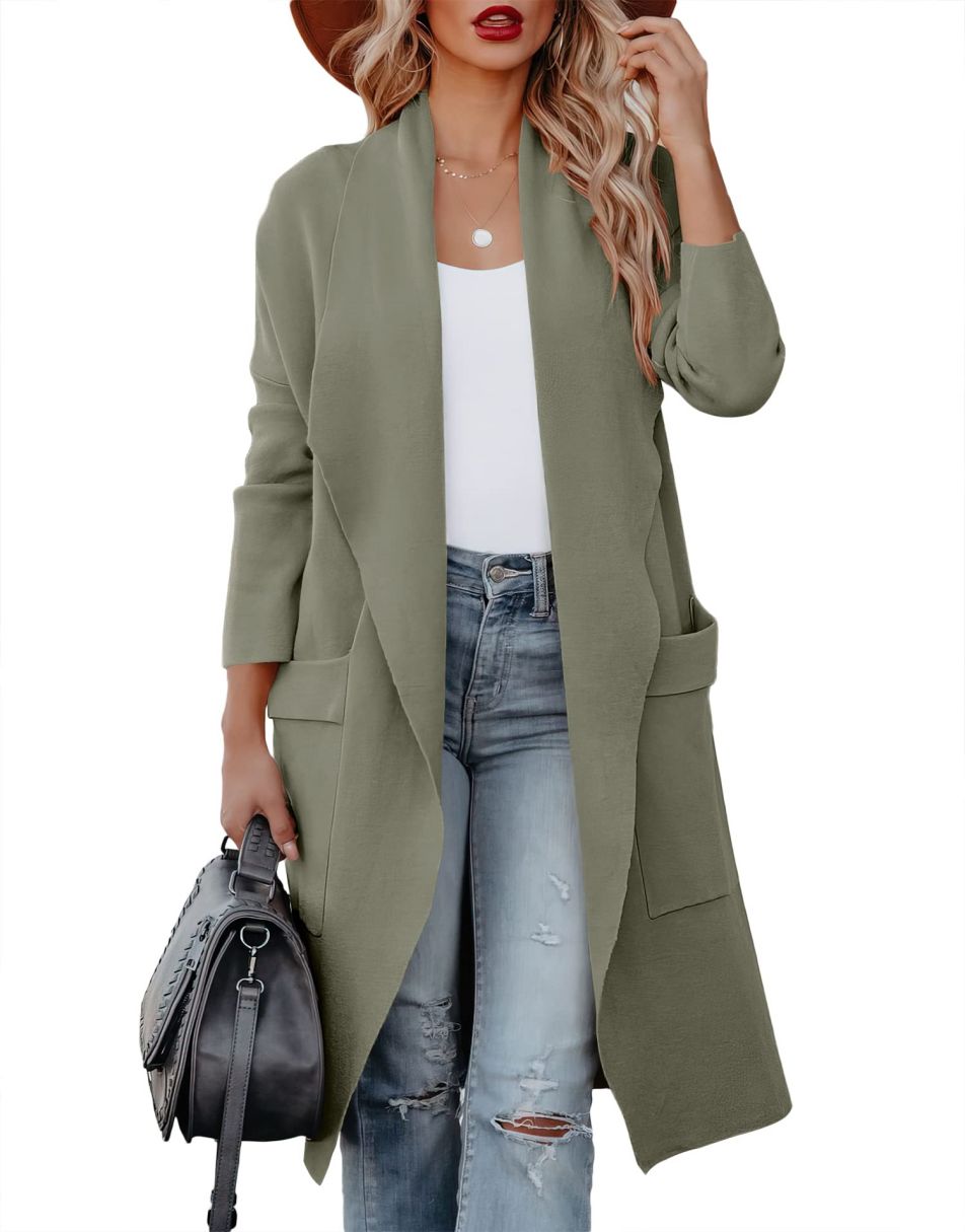 Women's Casual Long Sleeve Draped Open Front Knit Pockets Long Cardigan Jackets Sweater