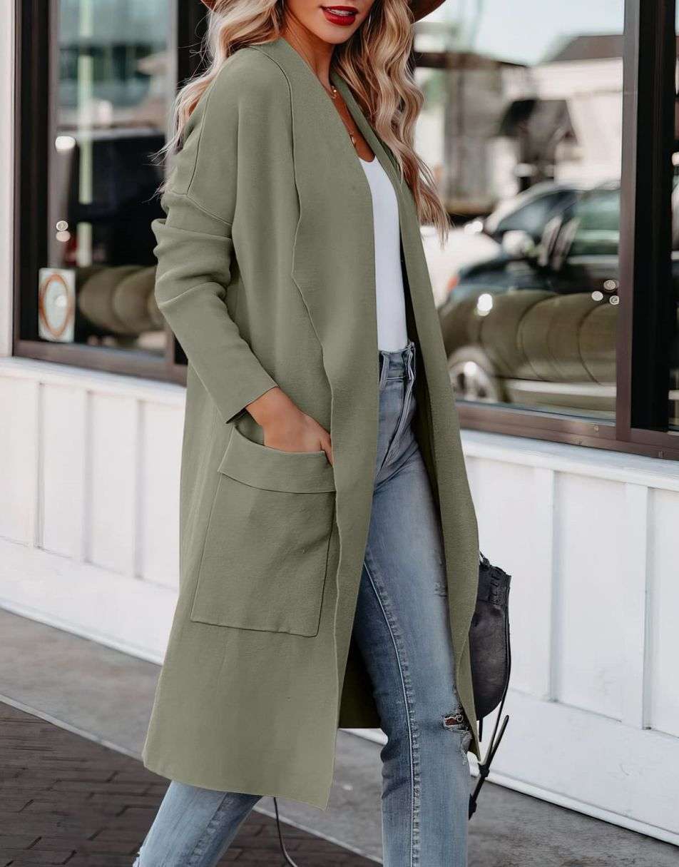 Women's Casual Long Sleeve Draped Open Front Knit Pockets Long Cardigan Jackets Sweater