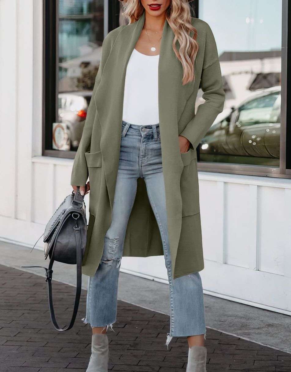 Women's Casual Long Sleeve Draped Open Front Knit Pockets Long Cardigan Jackets Sweater