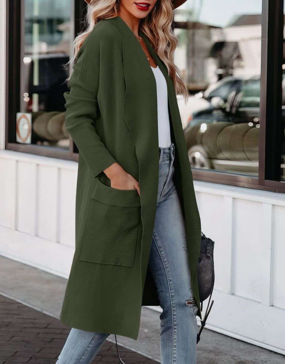 Women's Casual Long Sleeve Draped Open Front Knit Pockets Long Cardigan Jackets Sweater