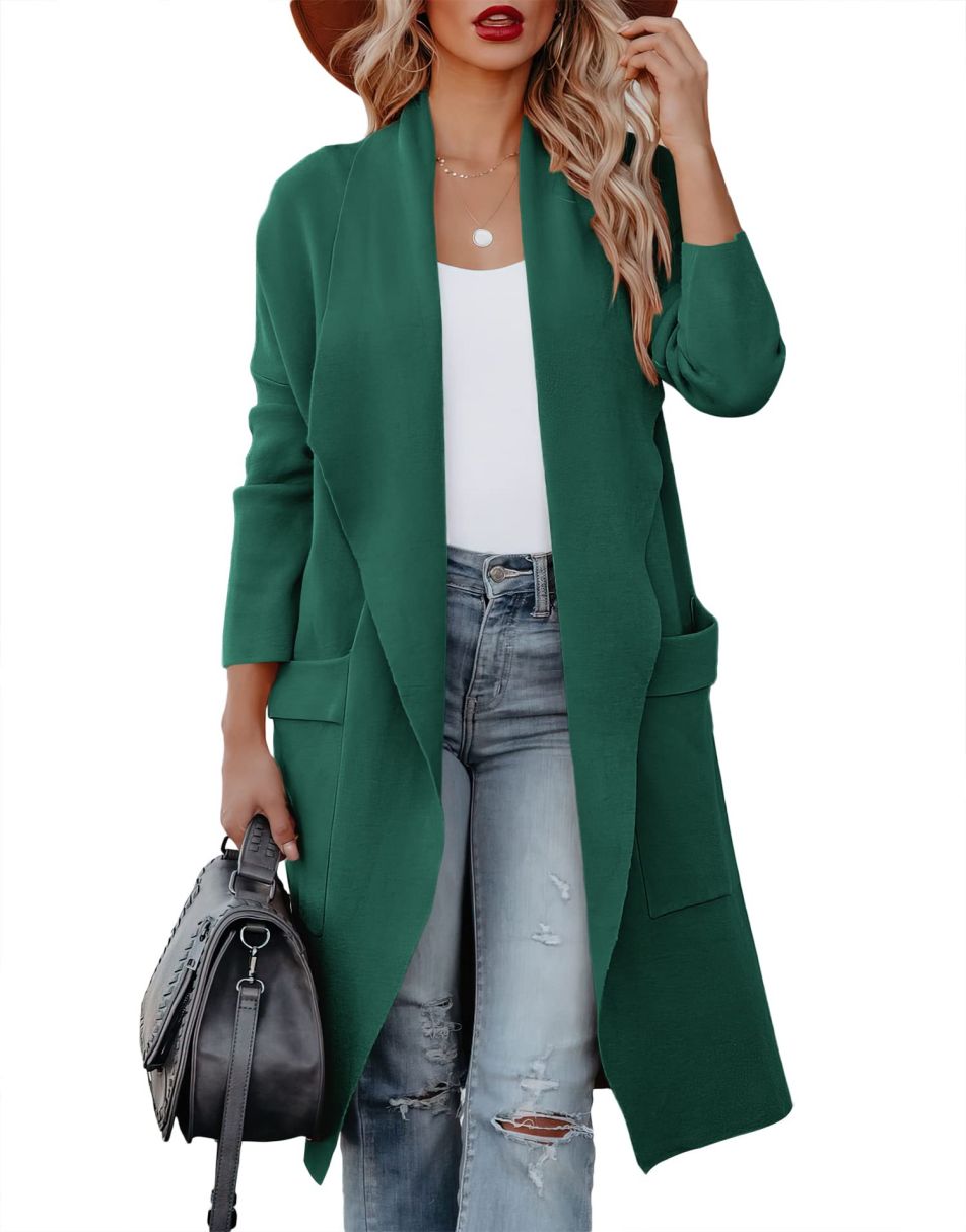 Women's Casual Long Sleeve Draped Open Front Knit Pockets Long Cardigan Jackets Sweater