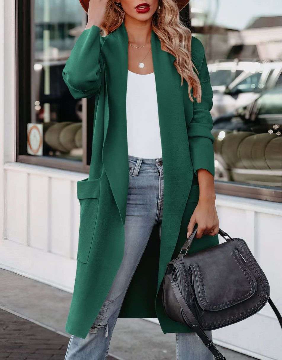 Women's Casual Long Sleeve Draped Open Front Knit Pockets Long Cardigan Jackets Sweater